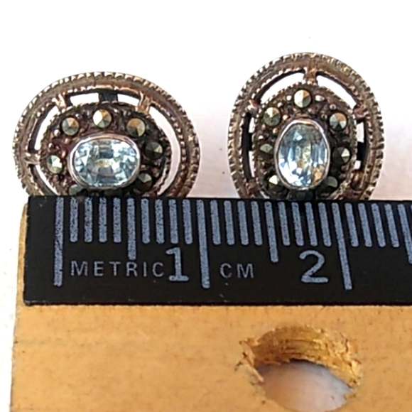 Sterling Silver Aquamarine Marcasite Studs VINTAGE - Picture 4 of 8